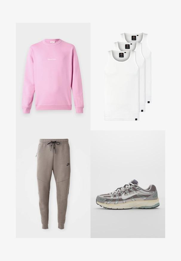 Rózsaszín pamut keverék pulóver, hosszú ujjú, kerek nyakkivágással. Az elején fehér, írott logó található.; Három fehér csíkos pamut trikó. Felső része kerek nyakkivágású, és a szegély közelében kis fekete címkék találhatók. Több méretben elérhető.; Szürke Nike melegítőnadrág húzózsinórral a deréknál, keskeny lábakkal, oldalsó zsebekkel és jellegzetes varrás részletekkel. Puha, texturált anyag.; Szürke sportcipő, hálós és velúr felsőrésszel, fehér részletekkel, párnázott talppal és jellegzetes dizájnnal, amely visszaverő elemeket tartalmaz.
