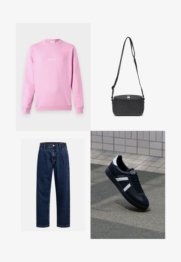 Roosa puuvillasegu sweatshirt, millel on pikad varrukad ja ümmargune kaelus. Ees on valge logoga, kirjutatud sillerdavas kursiivis.; Tumed sinine denimiteksad sirge lõikega. Omavad nähtavat tikandit, nuppe sulgemiseks ning ees olevaid voldikesi lisadetailiks.; Must have musta sneaker musta valgete triipudega, tekstuurne kummitald ja nööridega esiosa. Omab bränditud märki keele peal.; Musternast mustriga nahast ristiõlgadega kott, millel on tõmbluku sulgemine, esiküljel on sissepressitud logo ja reguleeritav rihm. Sile tekstuur ja ristkülikukujuline kuju.