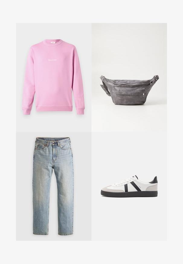 Sudadera rosa hecha de una mezcla de algodón, con mangas largas y un cuello redondo. Incluye un logo blanco en cursiva en la parte frontal.; Jeans de mezclilla azul claro de cintura alta, con botón frontal, cremallera y diseño de cinco bolsillos, dispuestos sobre un fondo neutro.; Zapatilla blanca con acentos en negro y gris, que presenta una puntera texturizada en gris, suela de goma negra y cordones planos blancos. Diseño limpio, estilo minimalista.; Riñonera de ante gris con forma redondeada, dos compartimentos con cremallera y correa ajustable. Presenta acentos de metal.