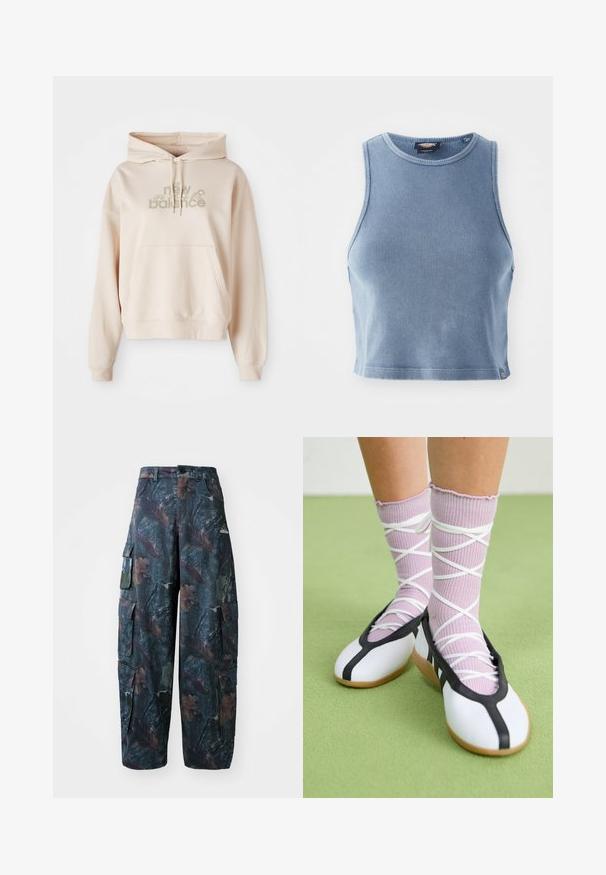 Felpa con cappuccio beige con tasca frontale, caratterizzata dal logo "new balance" e da accenti floreali in colori tenui. Tessuto morbido e maniche lunghe.; Top corto a costine blu chiaro con scollo rotondo e design senza maniche. Texture liscia e piccolo dettaglio con logo all'orlo.; Pantaloni cargo mimetici in verde scuro e marrone, con numerose tasche e una vestibilità ampia, realizzati in un tessuto leggero e resistente.; Scarpe bianche flat con bordi e suola nera, abbinate a calze a coste di un delicato viola chiaro con fasce bianche incrociate. Ambientate su uno sfondo verde.
