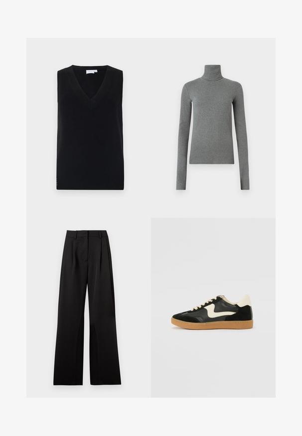 Maglione nero senza maniche in maglia con scollatura a V profonda, caratterizzato da una texture a coste e delicati dettagli laterali. Design classico con taglio dritto.; Maglione a collo alto grigio realizzato in tessuto liscio e elastico. Maniche lunghe, design aderente, texture minimale, senza motivi visibili o accessori.; Pantaloni neri a gamba larga con una texture liscia, dotati di pieghe frontali, vita piatta e passanti per cintura. Design semplice e sartoriale.; Sneaker nera in suede e pelle con un sorriso laterale crema e un tallone di un leggero crema. Presenta lacci beige e una suola in gomma color caramello.