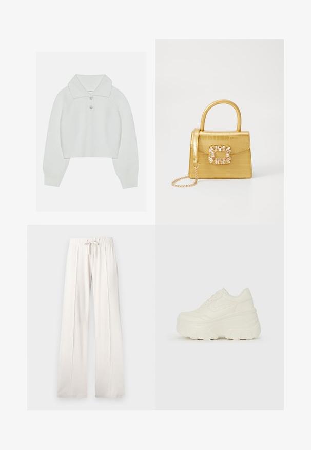 White cropped sweater with a ribbed texture, large collar, and three decorative buttons at the neckline. Long sleeves with ribbed cuffs.; Light beige sweatpants made of soft fabric, featuring a drawstring waist, wide legs, and vertical seams, with a smooth texture.; White platform sneakers featuring a smooth leather-like upper, rounded shape, padded collar, and textured rubber sole with defined treads.; Yellow faux-crocodile handbag with a structured design, top handle, detachable chain strap, and decorative crystal embellishment on the clasp.