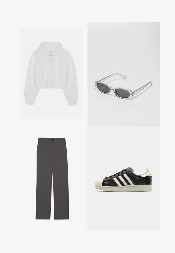 Hvit croppet genser med ribbet tekstur, stor krage og tre dekorative knapper i halsen. Lange ermer med ribbede mansjetter.; Grå bukser med rette ben, med to sidelommer og knappestenging. Glatt stoff uten synlige mønstre eller detaljer.; Svarte skinnsneakers med hvite striper, gummitopp, svarte lisser og en kremfarget såle. Glatt tekstur med blank finish.; Solbriller med oval form, klar plastramme, mørkegrå linser og tynne gjennomsiktige armer med logopunksjoner og minimal detaljering.; Svart skinn skulderveske med en avslappet form og sømdetaljer. Modellen har på seg en rosa og hvit stripete skjorte med vide blå jeans.