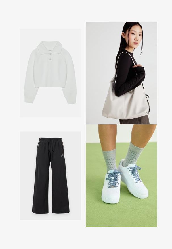 Witte cropped sweater met een geribbelde textuur, grote kraag en drie decoratieve knopen bij de halslijn. Lange mouwen met geribbelde boorden.; Zwarte trainingsbroek van zacht materiaal, met een elastische tailleband met koord, zijstrepen en een klein logo aan de voorkant links.; Witte leren sneakers met blauwe accenten, geperforeerd teenontwerp en textuur van blauw-witte veters, gedragen met grijze geribbelde sokken.; Beige handtas gemaakt van zacht materiaal, met een slonzig ontwerp, gestikte details en twee schouderbanden. Geschikt voor dagelijks gebruik.