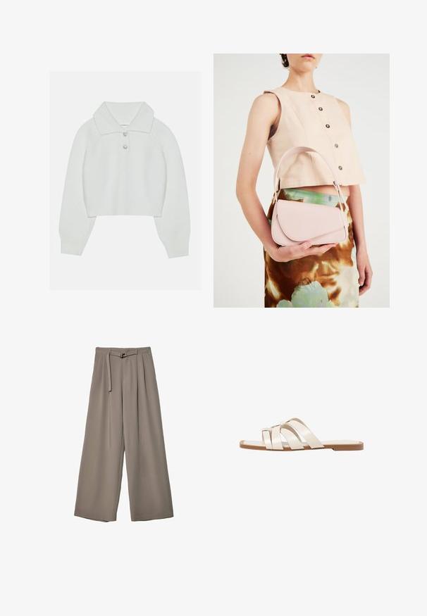 Valkoinen lyhennetty neulepaita, jossa on ribbiteksturointi, suuri kaulus ja kolme koristeellista nappia kaula-aukossa. Pitkät hihat ribbireunuksilla.; Suurille lahkeille housuille pehmeässä, hillityssä harmaassa kankaassa, jossa on vyötäröllä vyö ja lisää muotoilun yksityiskohtia kuploissa. Sileä rakenne, ei kuvioita.; Tason vaaleanruskealla kumipohjalla, jossa on kolme päällekkäistä valkoista nahkaremmiä ja pieni satiininen rusetti keskellä.; Vaaleanpunainen nahkakäsilaukku, jossa on kaareva läppä, yksittäinen olkahihna ja puhtaat linjat. Laukussa on sileä pinta ja minimalistinen muotoilu.