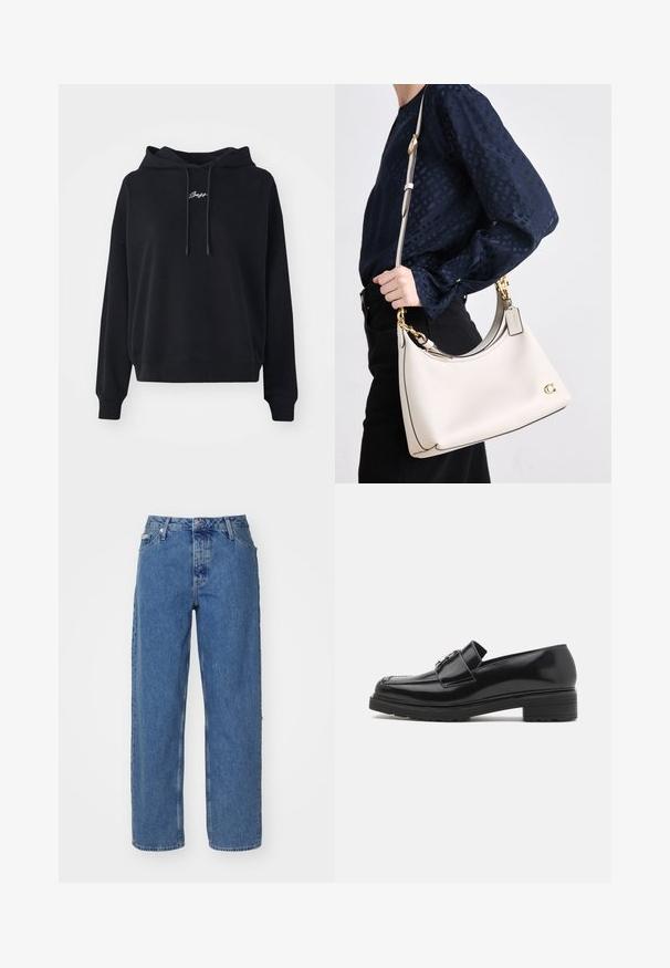 Juodas bliuzonas, pagamintas iš minkštos medžiagos, su raišteliu ant gaubto, laisvu siluetu ir siuvinėtų užrašų priekyje. Raukšlėtos apačios ir rankogaliai.; Šviesiai mėlyni džinsai su aukštu liemeniu, tiesaus silueto dizainu, penkiais kišenėmis ir šiek tiek išblukusiu tekstūru. Prisegamas ir mygtuko užsegimas.; Juodas poliesterinis odinis loaferis su žemu blokiniu kulnu, siuvinėtu pirštu ir metaline sagtimi viršuje, parodytas šoniniame profilyje ant baltos fono.; Šviesiai rudos odos rankinė su tamsiais akcentais, išlenkta siluetu, auksinėmis detalėmis ir nuimamu dirželiu, laikoma prie šono prieš tamsų aprangą.