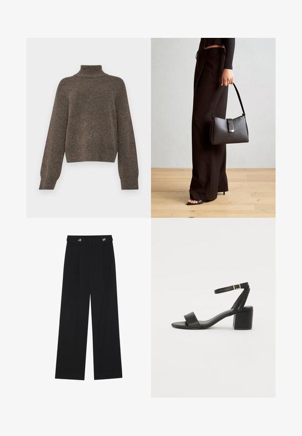 Brauner, gestrickter Pullover mit hohem Kragen und lockerer Passform. Hat lange Ärmel und einen weichen, strukturierten Stoff.; Schwarze weite Hosen mit hoher Taille, Knopfdetails am Bund und vorderen Falten.; Schwarze High Heels Sandalen mit einem glatten Lederoberteil, offener Zehenpartie, breiten Vorderstraps und verstellbarem Knöchelriemen mit einem goldenen Schnallen-Detail.; Schwarze Handtasche mit strukturierter Form, glatter Textur und einem metallischen Verschluss. Kombiniert mit weiten schwarzen Hosen und offenen Sandalen auf einem Holzboden.