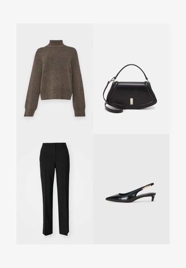 Brown, knitted sweater with a high collar and loose fit. Features long sleeves and a soft, textured fabric.; Black tailored trousers with a straight-leg design, featuring a smooth texture and crisp creases along the front. No visible hardware.; Black leather slingback heels with a pointed toe, featuring a slim heel and a gold-tone accent on the adjustable strap. Smooth texture.; Black leather handbag with a structured design, featuring a cropped shape, top handle, and gold hardware accent. Adjustable shoulder strap included.