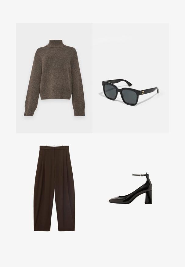 Pulover tricotat maro, cu guler înalt și croială lejeră. Are mâneci lungi și un material moale, texturat.; Pantaloni maronii cu talie înaltă, cu pliuri, confecționați dintr-un material neted. Croi lejer, model cu picior drept, având bucle pentru curea și închidere cu fermoar.; Pantofi cu toc cu curea la gleznă din piele patentată neagră, cu un finisaj glossy, vârf ascuțit și toc gros. Textură netedă, detalii minime.; Ochelari de soare negri cu lentile rectangulare, având o finisare lucioasă și accente cu logo de aur pe brate. Lentilele de culoare gri închis oferă protecție UV.; Geantă de umăr din piele neagră, cu o textură netedă, formă curbată și mânere ajustabile. Prezintă cusături minime și un design simplu.