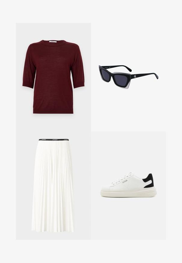 Burgundy lyhythihainen neule, jossa on pyöreä pääntie, valmistettu kevyestä kankaasta. Hihansuissa ja helmassa on ribbireunat.; Hame valkoinen pliseerattu hame mustalla joustavalla vyötäröhihnalla, jossa on "LACOSTE"-logo. Puolipitkä malli pehmeällä tekstuurilla.; Valkoiset nahkakengät paksulla valkoisella pohjalla, mustalla mokkanahkaosuudella kannassa ja kohokuvioitu logo sivulla. Nauhakeskitys kuudella reiällä.; Mustat ylisuuret aurinkolasit, joissa on geometrinen muoto, tummat linssit ja kehykseen erottuva harmaa yksityiskohta. Logo varressa.