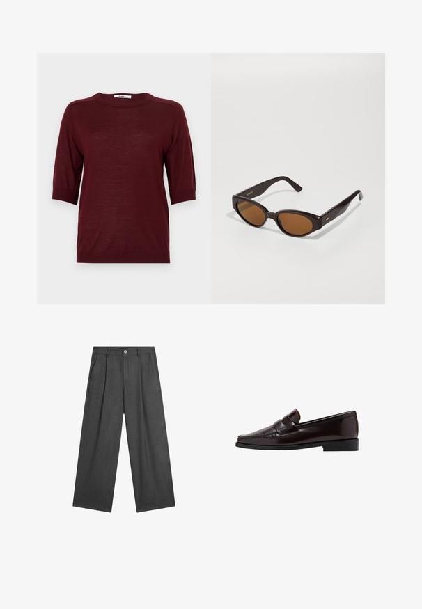 Burgundy kortärmad tröja med rund hals, gjord av ett lätt material, med ribbade detaljer vid ärmar och nederkant.; Mörkgrå, vida byxor med subtila ränder, frontveck och en enkel knappknäppning i midjan.; Brun läderloafers med moccasin-stil framtill, höjd söm längs vaden och en låg svart gummisula. Slät, polerad yta.; Faux cat-eye solglasögon med mörkbruna plastbågar och bruna linser. Har gulddetaljer med logotyp på arm och en slät, blank yta.; Svart läderaxelväska med en böjd form, slät textur och ett långt justerbart band. Har en subtil knutdetalj och en minimalistisk design.