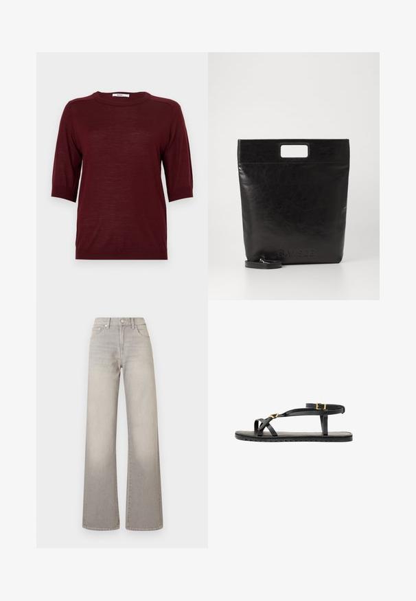 Suéter burdeos de manga corta con cuello redondo, hecho de un tejido ligero, con acentos acanalados en las mangas y el dobladillo.; Jeans de pierna ancha grises con un acabado desgastado, cierre de botón, diseño de cinco bolsillos y costuras decorativas a lo largo de las costuras.; Sandalias de cuero negro con tiras delgadas y una correa de tobillo con hebilla. Suela plana con un acabado texturizado y borde en zigzag. Diseño minimalista.; Bolsa tote de cuero negro con un asa cuadrada, que presenta un acabado texturizado y un logo en relieve. Incluye una correa desmontable.