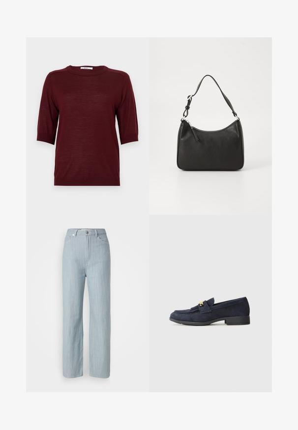 Bordový svetlý sveter s krátkym rukávom a okrúhlym výstrihom, vyrobený z ľahkej látky, s rebrovanými detailmi na rukávoch a spodnom leme.; Svetlomodré džínsy rovného strihu vyrobené z denimu. Majú päť vreciek, kovové zapínanie na gombík a jemné žmolkovanie pre textúru.; Námornícké semišové mokasíny s nízkým černým podpatkem, s dekoračným zlatým kovovým detailom na prednej strane a okrúhlou špičkou.; Čierna kožená kabelka s oblým tvarom, jediným popruhom, zipsom a nenápadným logom na prednej strane. Hladká textúra, minimalistický dizajn.