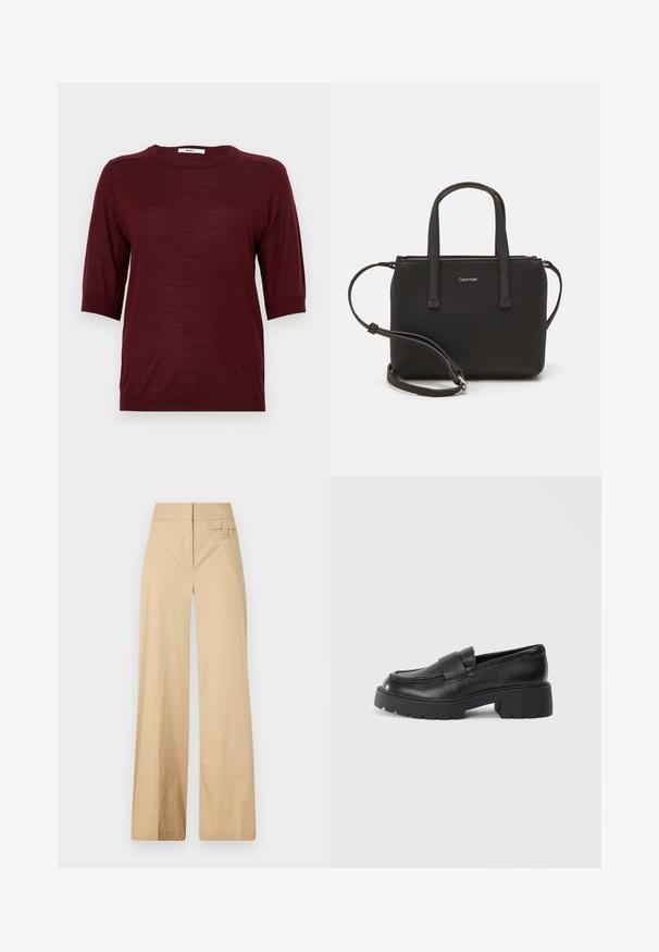 Maglione bordeaux a maniche corte con collo a giro, realizzato in un tessuto leggero, con dettagli a coste su maniche e orlo.; Pantaloni beige a gamba larga realizzati in tessuto misto cotone. Caratterizzati da una texture liscia, una vita elastica e un dettaglio con bottone laterale.; Mocassini in pelle nera con finitura testurizzata, caratterizzati da una fascia rettangolare sulla parte anteriore e un design di suola spessa e scanalata.; Borsa nera con doppi manici corti e tracolla removibile. Materiale simile alla pelle liscia con chiusura a zip e dettaglio del logo.
