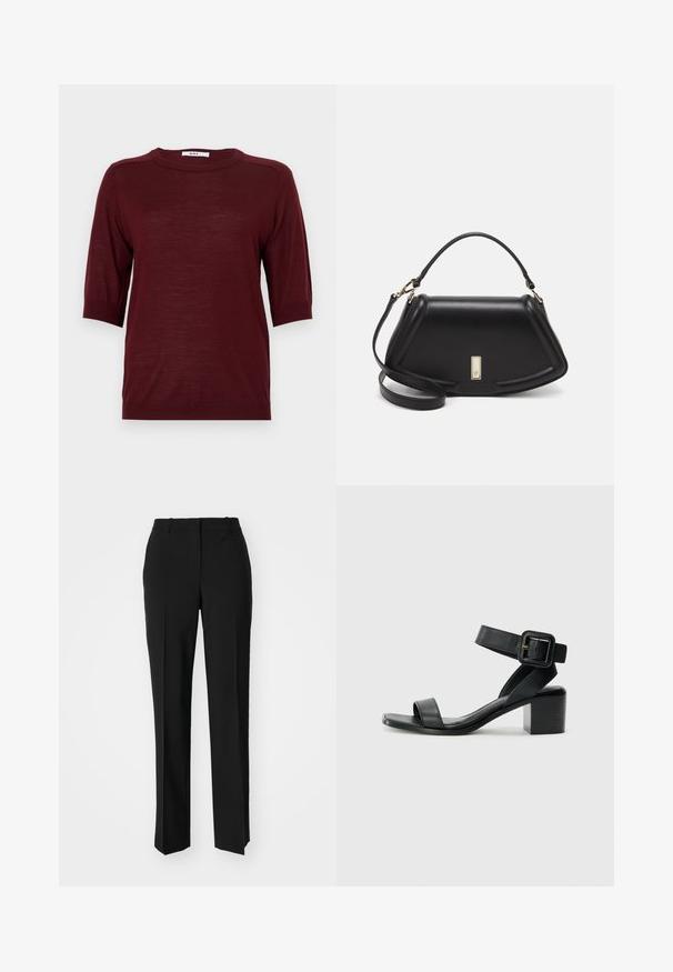 Burgundska kratka majica s kratkim rukavima i okruglim izrezom, izrađena od lagane tkanine, s rebrastim detaljima na rukavima i rubu.; Crne krojene hlače ravnog kroja, s glatkom teksturom i oštrim pregibima naprijed. Bez vidljivih metalnih dijelova.; Crne kožne sandale s potpeticom, s podesivim remenom za gležanj, otvorenim prstima i kvadratnom blok petom. Glatka tekstura, minimalistički stil.; Crna kožna torba s strukturiranim dizajnom, s krojenim oblikom, gornjom drškom i zlatnim detaljima. Uključena je podesiva ramena traka.