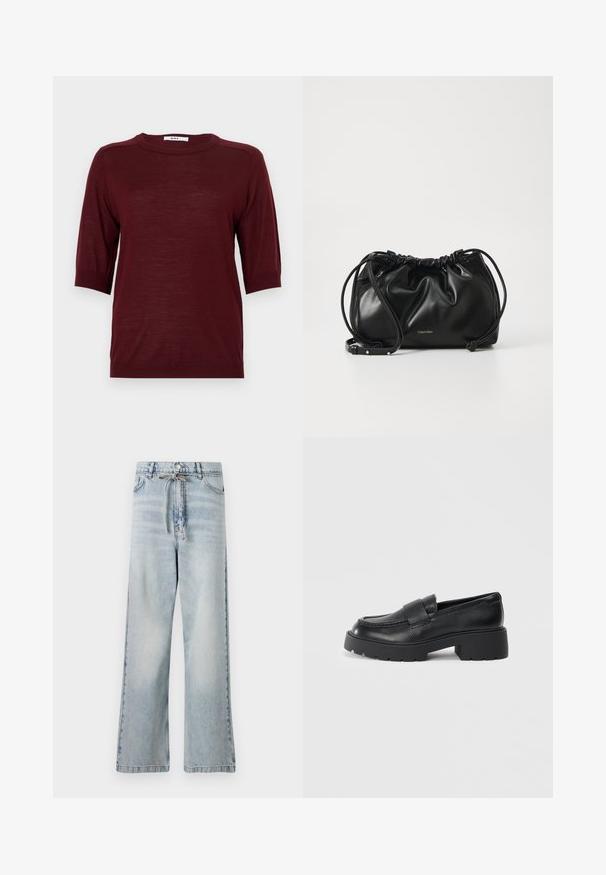 Burgundski pulover s kratkimi rokavi in okroglim ovratnikom, izdelan iz lahkotnega materiala, z rebrastimi detajli na rokavih in robu.; Svetlo modre široke kavbojke iz denima, ki imajo visok pas, sprednje žepe in detajl z vrvico pri pasu. Imajo obrabljen videz.; Črne usnjene loafers čevlje z teksturirano površino, ki imajo pravokoten pas čez zgornji del in debel, zarezani dizajn podplata.; Črna usnjena torbica z nabranim dizajnom, dvojno zategovalno zapiranje in snemljivim naramnim trakom. Ima kovinski logotip.