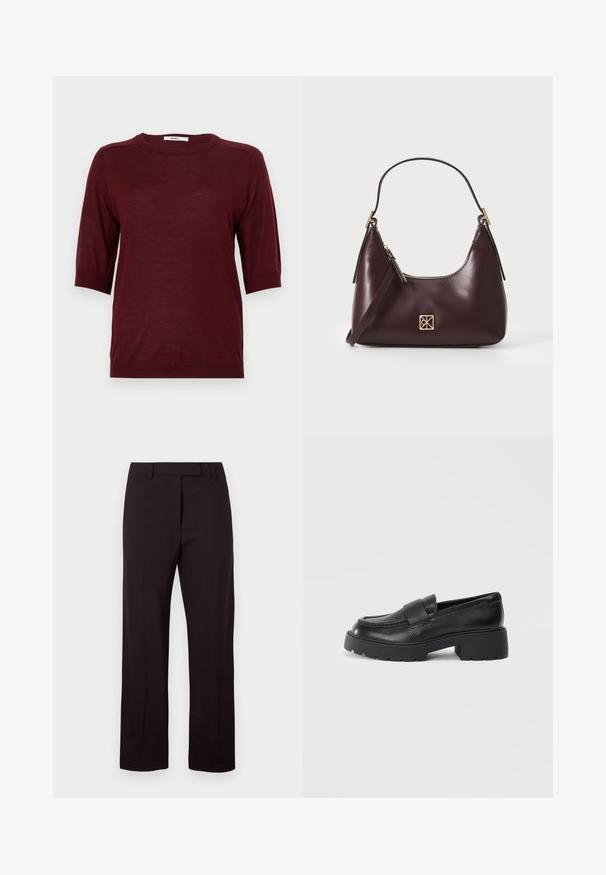 Burgundy színű, rövid ujjú pulóver, kerek nyakkivágással, könnyű anyagból készült, bordázott díszítéssel az ujjaknál és az alján.; Fekete, testhezálló nadrág egyenes szárú fazonnal, sima elülső résszel és övhurkokkal. Készült sima, könnyű anyagból.; Fekete bőr loaferek, textúrált felülettel, a lábfejen egy téglalap alakú pánttal és vastag, barázdált talpformával.; Burgundi színű bőr kézi táska ívelt formával, arany kiegészítőkkel és cipzáras záródással. Levehető vállpánttal rendelkezik.