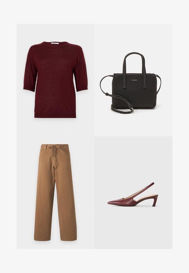 Bordowy sweter krótki rękaw z okrągłym dekoltem, uszyty z lekkiego materiału, z prążkowanymi akcentami przy rękawach i dolnym brzegu.; Brązowe spodnie o szerokich nogawkach wykonane z bawełny, z elastycznym paskiem w talii i dwoma przednimi kieszeniami. Teksturowana tkanina o gładkim wykończeniu.; Bordowe sandały na obcasie typu slingback z punktowym noskiem, wycięciami po bokach i średnim bloku obcasu. Gładkie wykończenie ze skóry.; Czarna torebka z dwoma krótkimi uchwytami i odpinanym paskiem na ramię. Gładki materiał przypominający skórę, z zamkiem błyskawicznym i detalem z logo.
