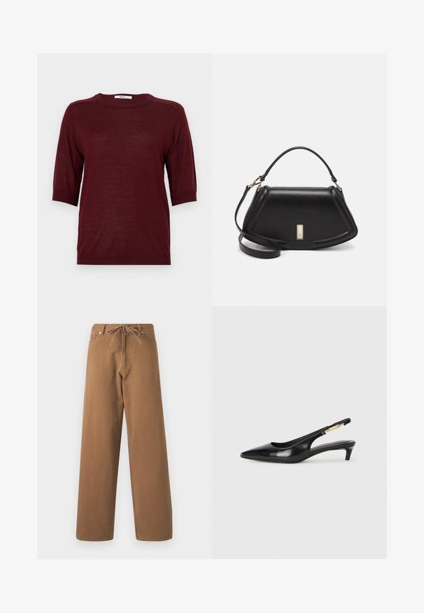 Suéter burdeos de manga corta con cuello redondo, hecho de un tejido ligero, con acentos acanalados en las mangas y el dobladillo.; Pantalones de pierna ancha marrones hechos de algodón, con una cintura ajustable con cordón y dos bolsillos frontales. Tejido texturizado con un acabado suave.; Tacones negros de piel sintética tipo slingback con punta afilada, que cuentan con un tacón delgado y un detalle en tono dorado en la correa ajustable. Textura suave.; Bolso de mano de cuero negro con un diseño estructurado, que presenta una forma recortada, asa superior y acentos en dorado. Correa de hombro ajustable incluida.