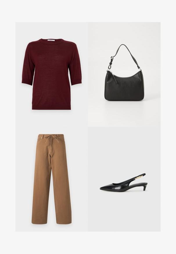 Pull court bordeaux à manches courtes avec col rond, fabriqué dans un tissu léger, avec des accents côtelés aux manches et à l'ourlet.; Pantalons larges marron en coton, avec une taille à cordon de serrage et deux poches avant. Tissu texturé avec une finition lisse.; Talons hauts en cuir noir avec un bout pointu, dotés d'un talon fin et d'un accent en ton or sur la lanière réglable. Texture lisse.; Sac à main en cuir noir avec une forme courbée, une seule sangle, fermeture éclair et un logo discret à l'avant. Texture lisse, design minimaliste.