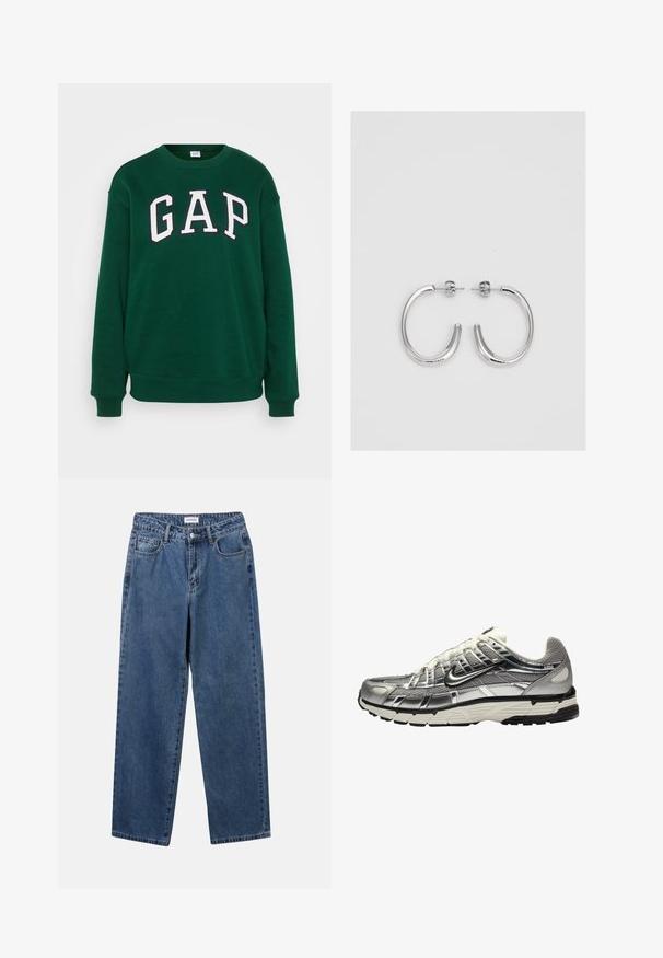Grüner Sweatshirt mit dem Wort "GAP" in fetten, weißen Buchstaben. Hergestellt aus einem weichen Material mit gerippten Bündchen und Saum.; Klassische blaue Denim-Jeans mit geradem Bein, fünf Taschen und Knopfverschluss. Sie verfügen über eine mittelblau gewaschene Optik und sind aus robuster Textur.; Silberne und schwarze Sport Schuhe mit einem Obermaterial aus Mesh und Synthetik, voluminösem Design und strukturierter Oberfläche. Mit gepolstertem Kragen und Gummisohle.; Silberne Creolen mit einer glatten, glänzenden Oberfläche. Abgerundete Form, leichtes Design, mit einer Steckverschluss.