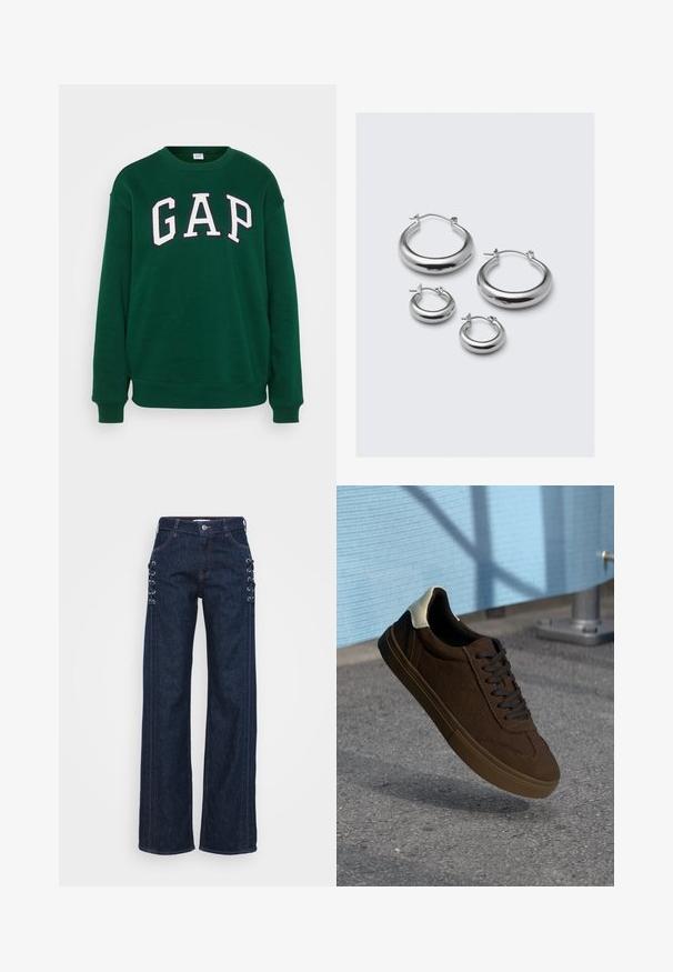 Grønn hettegenser med ordet "GAP" i fete, hvite bokstaver. Laget av et mykt materiale med ribbestrikkede ermer og nederkant.; Mørkeblå denim vid ben jeans med snøring på sidene, kontrasterende oransje sømmer og en klassisk fem-lomme design.; Brune semskede lavtoppsneakers med sorte snorer, har en hvit hælhette og teksturerte sømdetaljer. Gummisåle.; Fire par med sølv hoops i forskjellige størrelser: store glatte sirkler og mindre avrundede stiler med en polert finish og enkle låser.