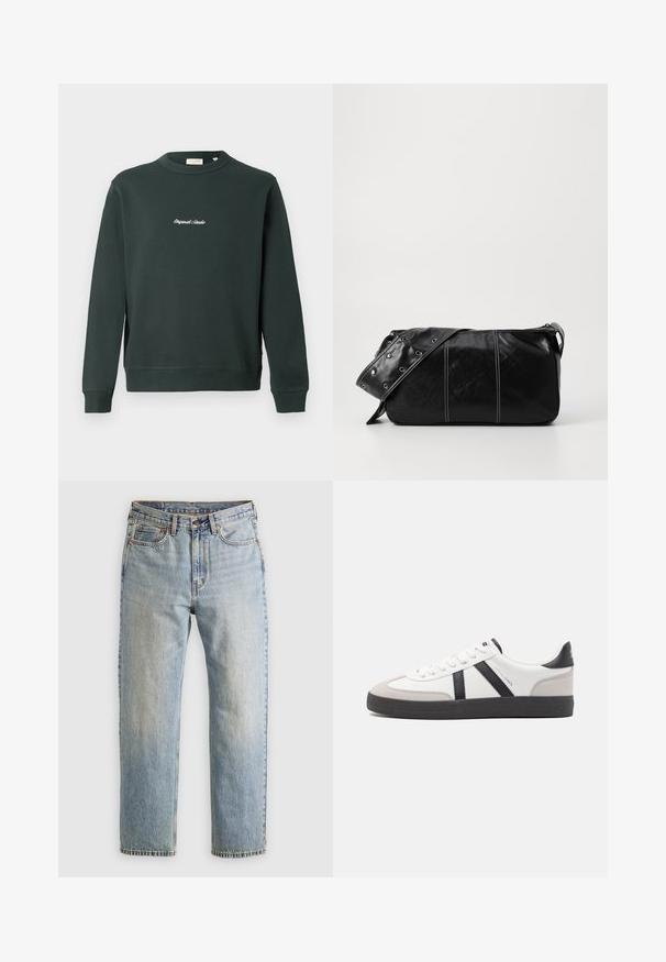 Tume roheline dressipluus ümarate kaelustega, ribikäte ja -äärtega. Rinna peal on valge tikandiga tekst. Valmistatud puuvillasegu kangast.; Heledad hele sinine teksapükste kõrge vöökoht, ees nupuga, lukuga ja viie taskuga disain, asetatud tasasele neutraalsele taustale.; Valged tossud mustade ja hallide aktsentidega, tekstureeritud halli varbakattega, musta kummitald ja lamedad valged paelad. Puhtad jooned, minimalistlik stiil.; Must mustra nahkainine õlakott, millel on tõmblukk, tekstureeritud pind, valged õmblused ja rihm hõbedaste rõngastega.