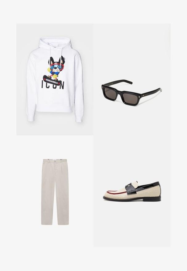 Weißer Hoodie mit einem bunten Cartoon-Hund, der eine Brille, einen blauen Pullover und gelbe Handschuhe trägt, mit dem Aufdruck "DSQUARED2 ICON" darunter.; Helle beigefarbene Hose aus weichem Stoff, mit geradem Schnitt, zwei seitlichen Taschen und einem Frontknopfverschluss. Leicht und mit glatter Textur.; Beige Slipper mit geprägtem Muster, rotem Akzentstreifen und glänzendem schwarzen Absatz. Mit einem Riemen mit Schnallendetail. Flache schwarze Sohle.; Schwarze rechteckige Sonnenbrille mit dunklen Gläsern, dickem Kunststoffrahmen, goldenen Akzenten an den Bügeln und eingraviertem Markenlogo am Arm.