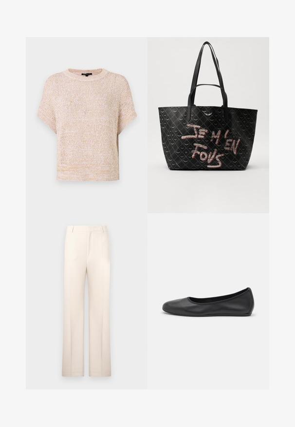 Hellbeige, kurz geschnittene Sweater mit einer lockeren Strickstruktur, kurzen Ärmeln und einem gerippten Ausschnitt, der dezente weiße und goldene Sprenkel aufweist.; Beige maßgeschneiderte Hose mit geradem Schnitt, aus leichtem Stoff gefertigt. Sie verfügt über Vorderfalten und einen klassischen Bund.; Schwarze Leder-Ballettschuhe mit abgerundeter Spitze, glatter Textur, minimalen Nähdetails und einem flexiblen Sohlen-Design.; Schwarze Tote-Bag aus strukturiertem Material mit Rautenmuster, Schulterriemen und auffälligem roten und weißen Text "JE M'EN FOUS."