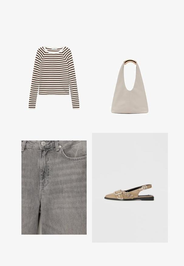 Dlhý rukáv top s horizontálnymi prúžkami v hnedej a bielej farbe, vyrobený z mäkkej textílie s okrúhlym výstrihom a priliehavým strihom.; Sivé denimové džínsy s hladkou textúrou, obsahujúce predné zapínanie na gombík a zips, bočné vrecká a jemné švy.; Béžové lakované slingbacktopánky s špicatou špičkou, dvoma nastaviteľnými prackami a nízkym čiernym opätkom. Hladký povrch s lesklým povrchom.; Svetlosivá kožená taška s U-tvarom a zakrivenou kovovou rukoväťou. Hladký povrch s minimálnym prešívaním a bez viditeľných vzorov.