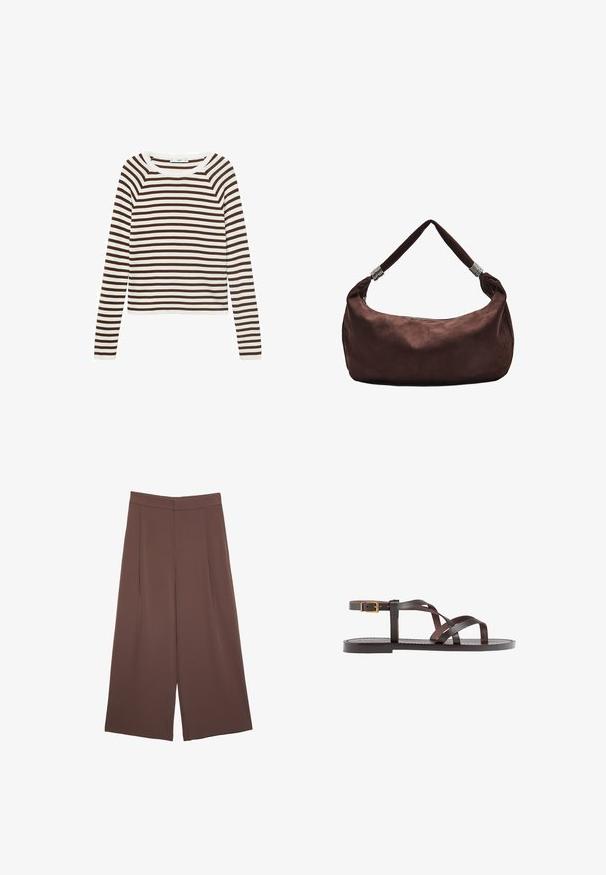 Maglia a maniche lunghe con strisce orizzontali marroni e bianche, realizzata in un morbido tessuto, con colletto rotondo e design aderente.; Pantaloni ampi marroni con una texture liscia, caratterizzati da una vita alta e pieghe frontali. Il tessuto è leggero e scorre liberamente.; Sandal in pelle marrone con cinturini incrociati, chiusura con cinturino alla caviglia e suola piatta con dettagli di cucitura minimi.; Borsa a spalla in suede marrone con chiusura a zip, caratterizzata da una tracolla attorcigliata decorata con accenti metallici per un trasporto sicuro.