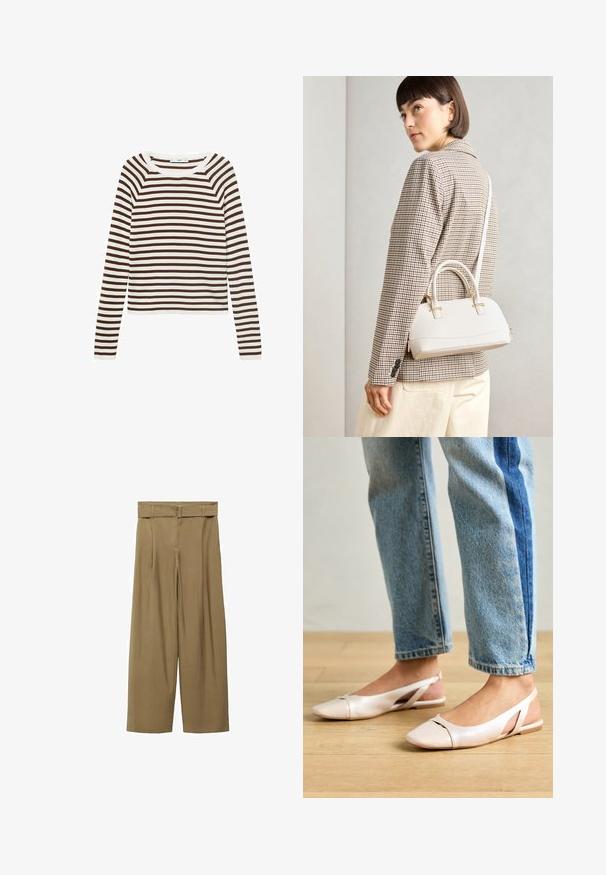 Long-sleeve top featuring horizontal stripes in brown and white, crafted from soft fabric with a round neck and fitted design.; Beige wide-leg trousers with a high waist and belt feature. Made of textured fabric, they have front pleats and a minimalist design.; Pale pink slingback flats with a pointed toe, made from a smooth leather-like material. Features cut-out details at the sides and a flat heel.; White structured handbag with short handles and a shoulder strap, featuring gold hardware accents and textured material, displayed against a grey background.