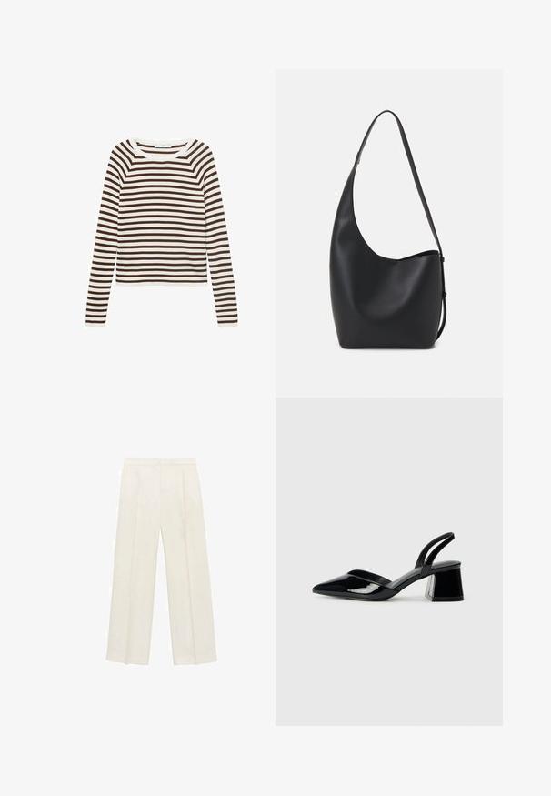 Langarmshirt mit horizontalen Streifen in Braun und Weiß, gefertigt aus weichem Stoff mit rundem Ausschnitt und tailliertem Schnitt.; Weit geschnittene Hosen in einem hellen cremefarbenen Farbton. Hergestellt aus einem glatten Stoff mit Falten an der Vorderseite und seitlichen Taschen.; Schwarze Lackleder-Slingback-High Heels mit spitzem Schuh und einem geometrischen Blockabsatz. Verfügt über ein schlankes, minimalistisches Design und eine glatte Textur.; Schwarze Leder-Hobo-Tasche mit einer glatten Textur, geschwungener Form und einem einzelnen verstellbaren Tragegurt; verfügt über eine weite Öffnung am oberen Ende.