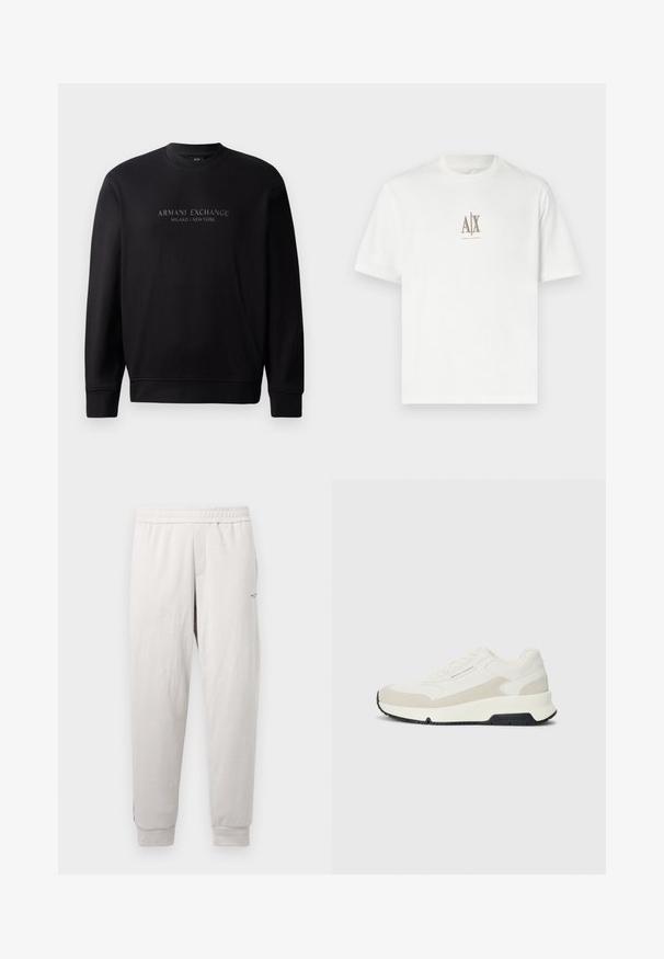 Zwarte crewneck sweatshirt met "ARMANI EXCHANGE MILANO / NEW YORK" in reliëftekst op de voorkant. De stof is glad met ribgebreide manchetten.; Witte katoenen t-shirt met een ronde hals. Heeft een klein beige logo "A|X" en "ARMANI EXCHANGE" gedrukt eronder. Korte mouwen, normale pasvorm.; Lichtgrijze sweatpants met een elastische tailleband, zijzakken, geribbelde manchetten en subtiele branding op het been, gemaakt van zachte stof.; Witte en beige low-top sneakers met vetersluiting aan de voorkant, zwarte zool en "Armani Exchange" branding aan de zijkant en op de zool.