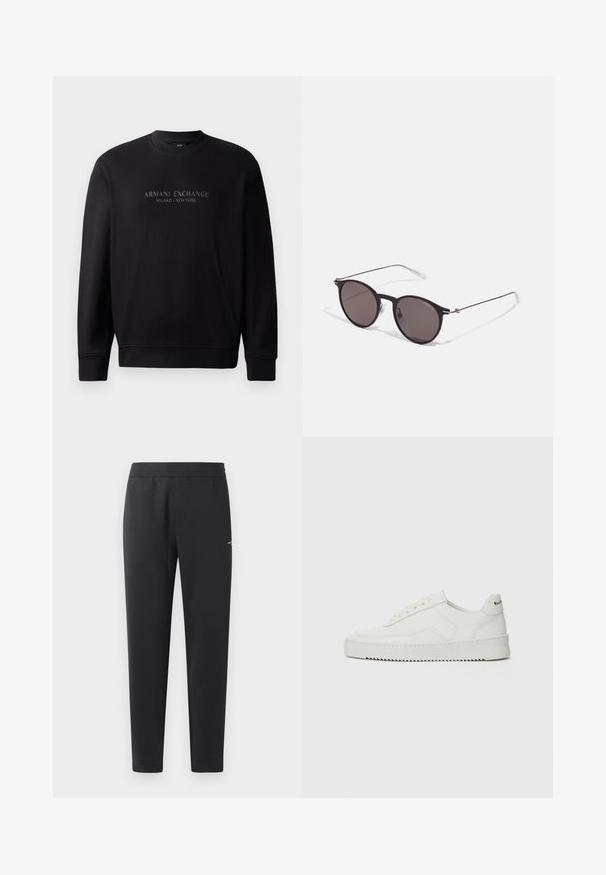 Czarny sweatshirt z okrągłym dekoltem z napisem "ARMANI EXCHANGE MILANO / NEW YORK" w wytłaczanym tekście z przodu. Materiał jest gładki, z prążkowanymi mankietami.; Czarne spodnie dresowe z miękkiego materiału, z elastycznym paskiem, prostymi nogawkami oraz małym logo z boku.; Białe skórzane sneakersy o gładkim wykończeniu, okrągłym nosku, płaskich sznurówkach i teksturowanej podeszwie. Charakteryzują się delikatnym logo na pięcie.; Czarne okrągłe okulary przeciwsłoneczne z ciemnymi soczewkami i smukłymi metalowymi ramkami. Zawierają przezroczyste końcówki zauszników oraz srebrne akcenty przy zawiasie. Minimalistyczny design.