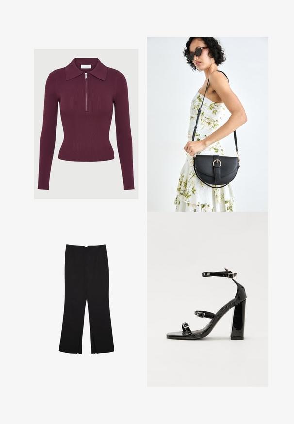 Długi rękaw ribbed sweter w ciemnofioletowym kolorze z kołnierzykiem i przednim srebrnym zamkiem błyskawicznym, dopasowany krój.; Czarne spodnie o prostym kroju, z przednimi kieszeniami i bocznymi rozcięciami na dole. Wykonane z miękkiego, gładkiego materiału. Odpowiednie na różne okazje.; Czarne lakierowane sandały na obcasie z kwadratowym noskiem, z paskami wokół kostki i srebrnymi klamrami. Posiadają masywny słupek dla stabilności.; Czarna skórzana torebka o zakrzywionym kształcie, z odpinanym paskiem i złotymi akcentami. Torebka posiada klapę z zapięciem w kształcie klamry.