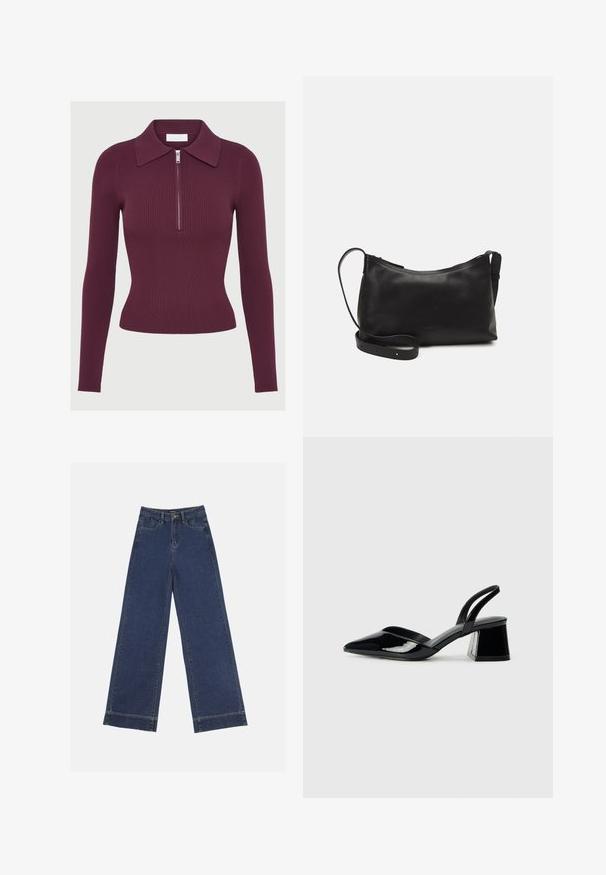 Langsleeve ribgebreide top in donkerpaars met een kraag en een zilveren rits aan de voorkant, aansluitende silhouet.; Wide-leg jeans in donkerblauwe denim. Voorzien van vijf zakken, riemlussen en een rauwe zoom onderaan met zichtbare stikseldetails.; Zwarte gepatineerde leren slingback hakken met een spitse neus en een geometrische blokhak. Kenmerkt zich door een slank, minimalistisch ontwerp en een gladde textuur.; Zwarte leren schoudertas met een gladde textuur, gebogen vorm, verstelbare schouderband en een ritsafsluiting. Minimalistisch ontwerp zonder versieringen.