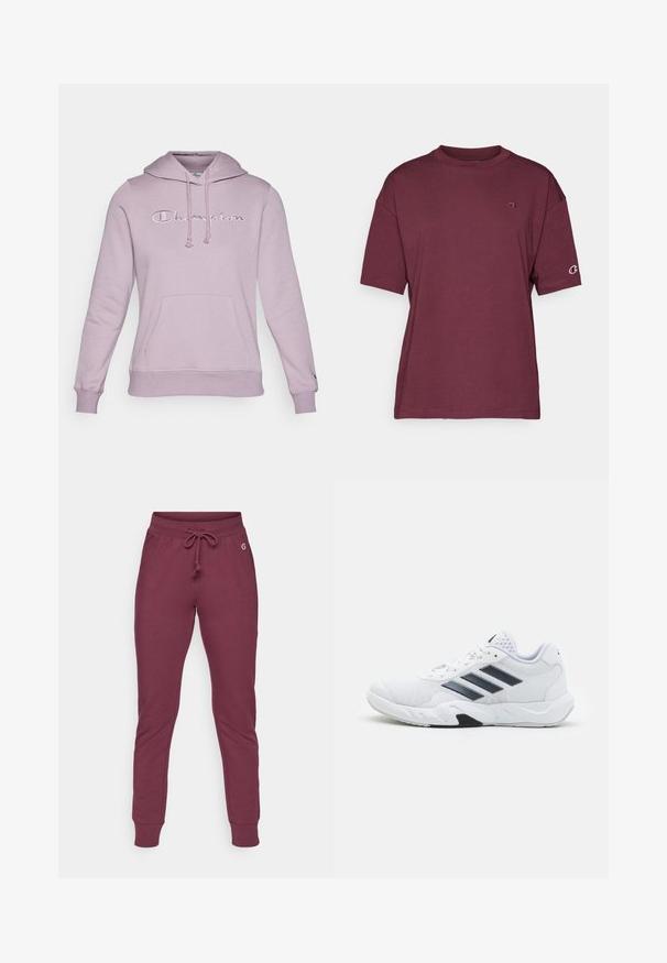 Lavanda kapuca s vezicom, sprednji džep i izvezeni "Champion" logo na prsima. Mekani materijal i rebrasti rukavi.; Burgundska kratka majica s kratkimi rokavi iz mehkega bombaža, z okroglo ovratnico in logotipom na levi prsni strani in na rokavu.; Bordo trenirke iz mehkega blaga z elastiko in vrvico v pasu, rebrastimi manšetami in majhnim logotipom na boku.; Bela atletska čevlja z mrežastim zgornjim delom, tremi črnimi črtami na strani, teksturiranimi dodatki in trdim gumijastim podplatom z kontrastnim črnim delom.