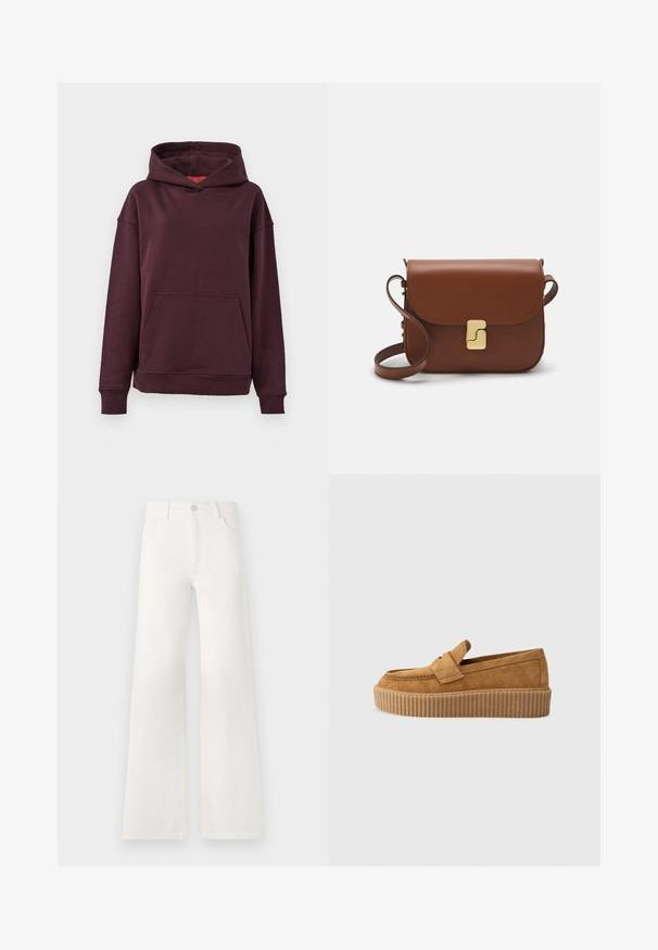 Burgundijas krāsas kapuce ar kangaroo kabatu, platām piedurknēm un plašu kapuci. Izgatavota no mīkstas, elastīgas kokvilnas auduma.; Baltas, augsto jostasvietu platās kājas džinsi, izgatavoti no denima. Iekļauj pogu aizdari, divas priekšējās kabatas un sānu šuves ar šuvju detaļām.; Brūni zamšādas loafers ar apaļu purngalu, ar ribotu platformas zoli un dekoratīvu siksnu pāri augšdaļai.; Bordo ādas rokas soma ar atloku, zeltītām detaļām, plecu siksnu un gludu virsmu. Kompakta, taisnstūrveida forma.