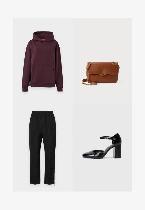 Burgonya színű kapucnis pulóver kenguruzsebbel, széles ujjakkal és tágas kapucnival. Puha, rugalmas pamut keverékből készült.; Fekete nadrág elasztikus derékkal, egyenes lábszárral és cipzárral a bokánál. Az anyag sima textúrájú és minimális dizájnnal rendelkezik.; Fekete patent bőr, magas sarkú cipők négyzetes orral, bokapánttal és vastag sarkal. A szélén lyukacsos díszítéssel.; Barna bőr keresztpántos táska hajtószorítással, arany színű fémrészekkel és lánc pánttal. Simább textúra, téglalap alakú, minimális díszítéssel.