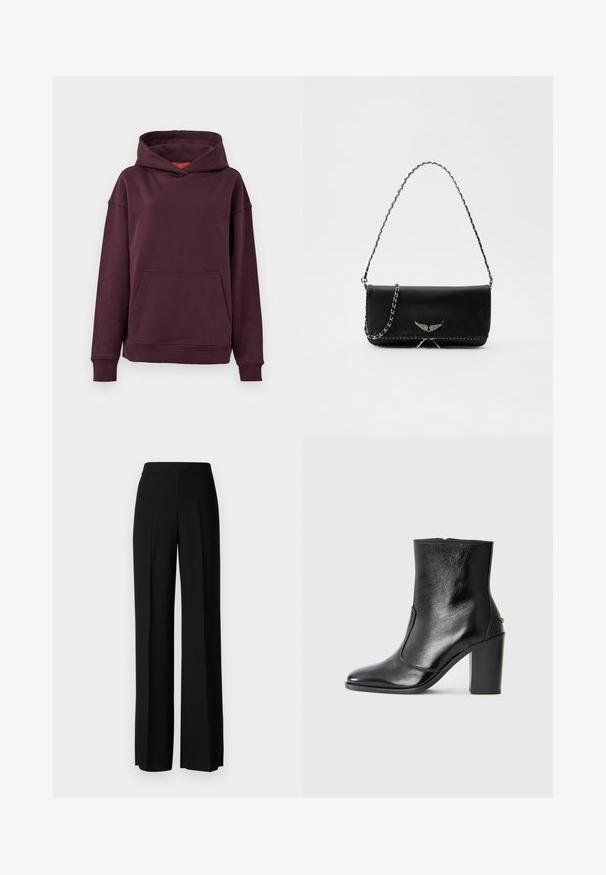 Burgundský mikina s klokankou, širokými rukávmi a priestrannou kapucňou. Vyrobená z mäkkej, elastickej bavlnenej zmesi.; Čierne široké nohavice s hladkým povrchom, s vysokým pásom a stredovými skladmi. Žiadne viditeľné vzory ani hardvérové detaily.; Čierna kožená kotníková obuv s hladkým povrchom, špicatou špičkou a masívnym vysokým podpätkom. Zdobená bočným otvorom a minimalistickým dizajnom.; Čierna kožená kabelka so strieborným reťazovým popruhom, so zdobnými krídelnými akcentmi a bielym prešívaním pozdĺž dolného švu.