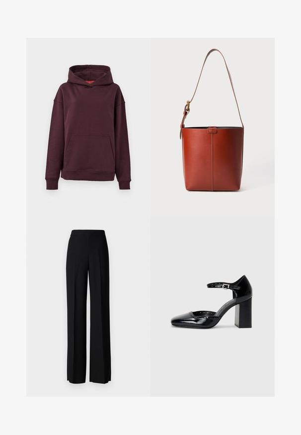 Μπορντό φούτερ με καγκουρό τσέπη, φαρδιά μανίκια και ευρύχωρη κουκούλα. Κατασκευασμένο από μαλακό και ελαστικό ύφασμα βαμβακερού μείγματος.; Μαύρο παντελόνι με φαρδιά πόδια και λεία υφή, με ψηλό καβάλο και κεντρικές πτυχές. Χωρίς ορατά σχέδια ή μεταλλικά στοιχεία.; Μαύρα παπούτσια ψηλοτάκουνα από πατενέ δέρμα με τετράγωνη μύτη, λουρί στον αστράγαλο και χοντρό τακούνι. Περιλαμβάνει διάτρητο σχέδιο γύρω από την άκρη.; Καφέ δερμάτινη τσάντα της μορφής κουβά με ρυθμιζόμενο λουρί ώμου και χρυσό τόνο στο κούμπωμα, απλή κατακόρυφη ραφή μπροστά.