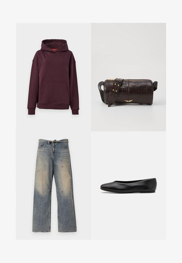 Hanorac bordeaux cu buzunar tip cangur, mâneci largi și o glugă spațioasă. Fabricat dintr-un amestec moale și elastic de bumbac.; Jeans din denim albastru deschis cu un design lejer și drept pe picioare. Prezintă efecte de uzură, decolorare și detalii uzate în jurul genunchilor. Stil clasic cu cinci buzunare.; Paul Smith TOPANGA - Balerini - black; Geantă din piele căptușită cu un model de crocodil de culoare maro, cu o formă cilindrică, accesorii de culoare aurie și un curea detasabilă cu tăieturi.