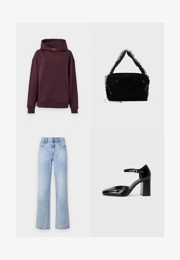 Burgundowa bluza z kapturem z kangurzą kieszenią, szerokimi rękawami i pojemnym kapturem. Wykonana z miękkiej, elastycznej bawełnianej tkaniny.; Jasnoniebieskie dżinsy z wysokim stanem i prostymi nogawkami, z efektem przetarcia denimu, czerwonymi detalami haftu i klasycznym pięciopocketowym designem.; Czarne lakierowane szpilki z kwadratowym noskiem, paskiem na kostkę i masywnym obcasem. Zawierają perforowane detale na krawędzi.; Czarna torebka z sztucznej skóry o teksturowanym wykończeniu, z koralikowym srebrnym akcentem wzdłuż górnego uchwytu oraz łańcuszkowym paskiem.