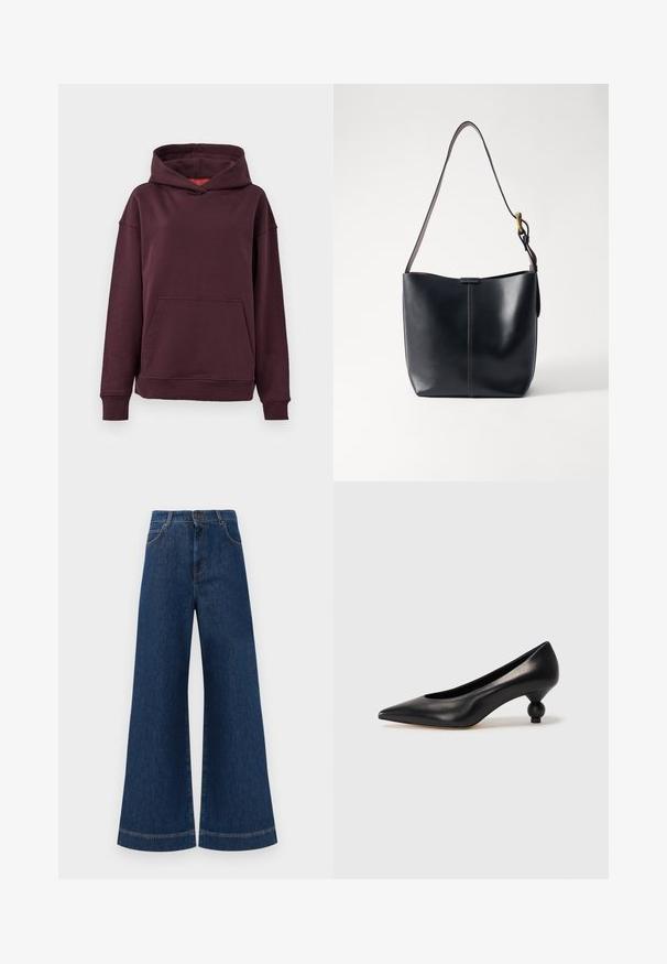 Burgunderfarbener Hoodie mit Kängurutasche, weiten Ärmeln und einer geräumigen Kapuze. Aus weichem, elastischem Baumwollgemisch gefertigt.; Weite blaue Jeans aus Denim mit hoher Taille, ausgestattet mit einem Knopfverschluss, Gürtelschlaufen und dezenten Stichdetails an den Taschen und Säumen.; Schwarze Leder-Pumps mit spitzem Zehenbereich und runder, ballförmiger Ferse. Glatte Textur mit einem eleganten, minimalistischen Design.; Schwarze Leder-Schultertasche mit glatter Oberfläche, ausgestattet mit einem dünnen, langen Tragegurt und einem dezenten genähten Detail in der Mitte.