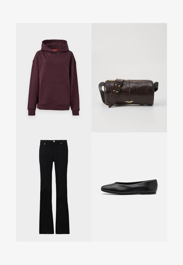 Burgundy hoodie featuring a kangaroo pocket, wide sleeves, and a spacious hood. Made from soft, stretchy cotton blend fabric.; Black flared jeans made of denim, featuring two front pockets, a button closure, and a smooth texture. Signature stitching visible at seams.; Paul Smith TOPANGA - Ballet pumps - black; Brown crocodile-embossed leather bag with a cylindrical shape, gold-tone hardware, and a detachable strap featuring studs.