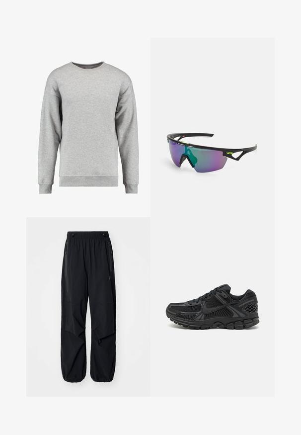 Sivi dukserica s okruglim izrezom izrađena od mekog pamuka. Ima duge rukave, rebraste manžete i rub, te jednostavan, neukrašen dizajn.; Crne lagane cargo hlače s elastičnom trakom u struku, bočnim patentnim zatvaračima i prostranim džepovima. Odlikuje ih širok kroj i suženi manžeti.; Crne atletske cipele s gornjištem od mrežice, gumenim potplatom i teksturiranim detaljima. Dizajn uključuje izražen sustav vezivanja i podstavljen potplat.; Sportske sunčane naočale s crnim okvirom, velikim gradijentnim staklima u ljubičastim i zelenim nijansama, te kutnim dizajnerskim naglascima s logotipom.
