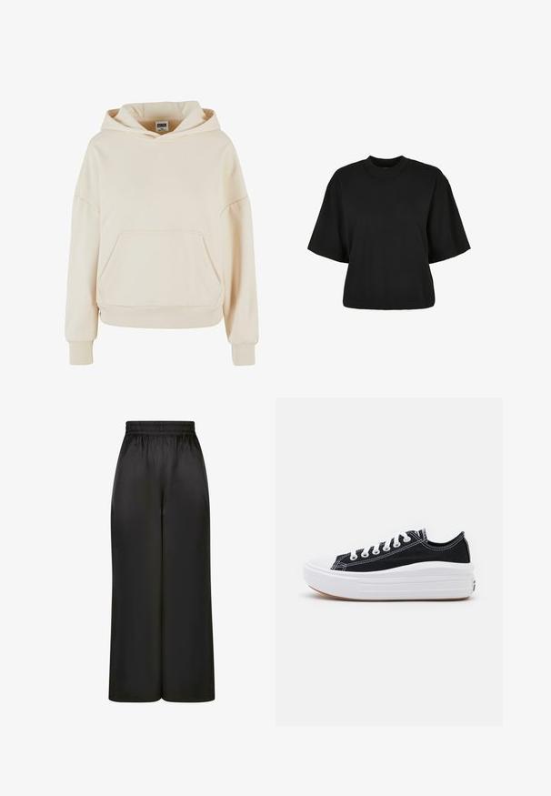 Kremfarget hettegenser laget av myk bomullsblanding, med en frontlomme, ribbede mansjetter og hette med snøring.; Svart kort garden t-skjorte laget av bomull. Har korte ermer og rund halslinning. Jevn tekstur med et enkelt design, ingen ekstra mønstre.; Sorte bukser med vid benvidde laget av glatt, blankt stoff, med elastisk midje og uten synlige lommer eller detaljer i metall.; Svart canvas sneakers med hvite lisser, hvit gummitåhette og en tykk hvit mellomsåle. Har subtil hvit søm og en gummisåle.