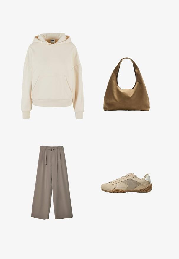 Kremeni dukserica izrađena od mekog pamuka, sa prednjim džepom, rebrastim rukavima i kapuljačom sa špagom.; Široke hlače u mekoj, prigušenoj sivoj tkanini, s remenom na struku i plisiranim detaljima za dodatni dizajn. Glatka tekstura, bez uzoraka.; Bež sportski tenisice s gornjim dijelom od suedea i mrežice, teksturiranim gumenim potplatom i ravnim vezicama. Glatki naglasci na peti s dizajnom okruglog prsta.; Smeđa platnena torba za rame s širokim, zaobljenim tijelom i velikim izrezanim drškom. Mekana tekstura, minimalistički dizajn i bez vidljivog hardvera.