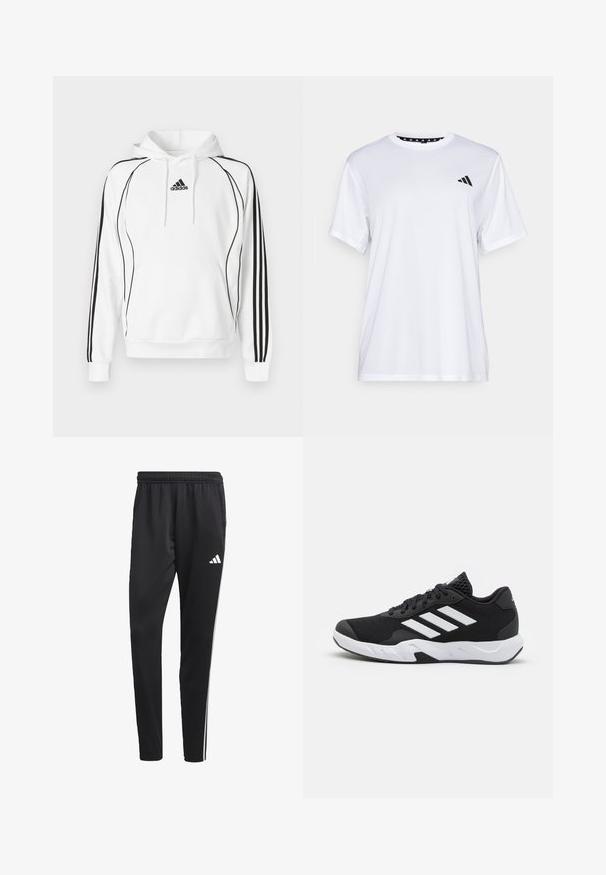 Balta kapuce ar melnām detaļām un trīs svītrām gar piedurknēm. Tajā ir kangaru kabata un logotips uz krūtīm.; Balts sporta T-krekls ar īsām piedurknēm, izgatavots no mitrumu absorbējoša auduma. Tam ir melns logo kreisajā krūtī un rakstains iekšējais apkakles piegriezums.; Melnas sporta bikses ar stiepjas jostu, baltām sānu svītrām un mazu baltu logo uz augšstilba. Izgatavotas no gludas, vieglas materijas.; Melnas sporta kurpes ar teksturētu acu augšdaļu, baltām akcentu svītrām, mīkstu zoli un pastiprinātu papēdi atbalstam.